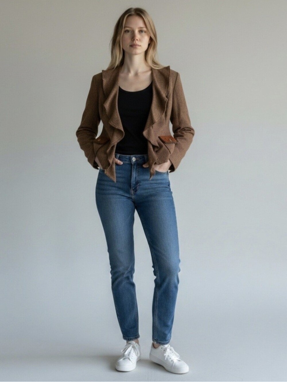 Cabi Blazer Jacket Boho Ruffle Cascade Wool Blend Brown‎ size 6